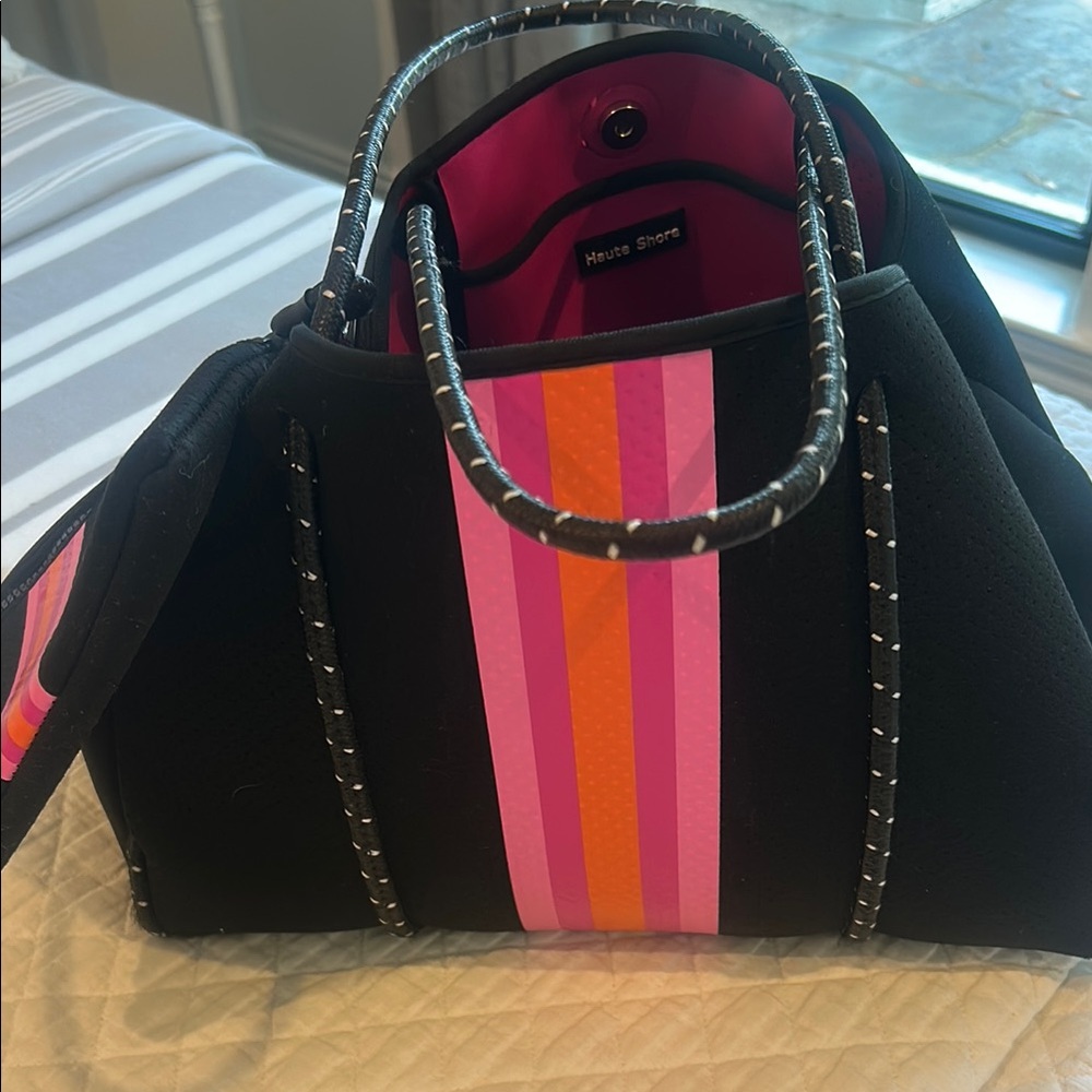 HAUTE SHORE Black and Pink Neoprene Tote